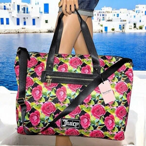 Juicy Couture Black Multi Rose Print Overnight Weekender Duffle Travel Bag